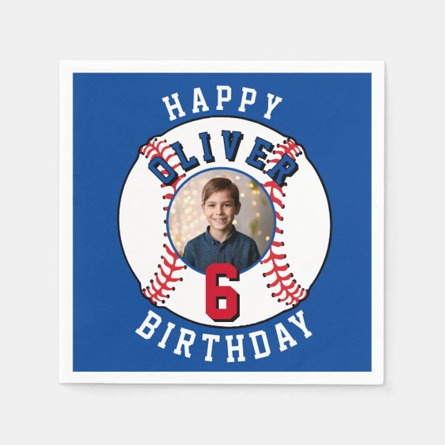 Baseball Ball Kids Photo Birthday Party Napkin (Front)
