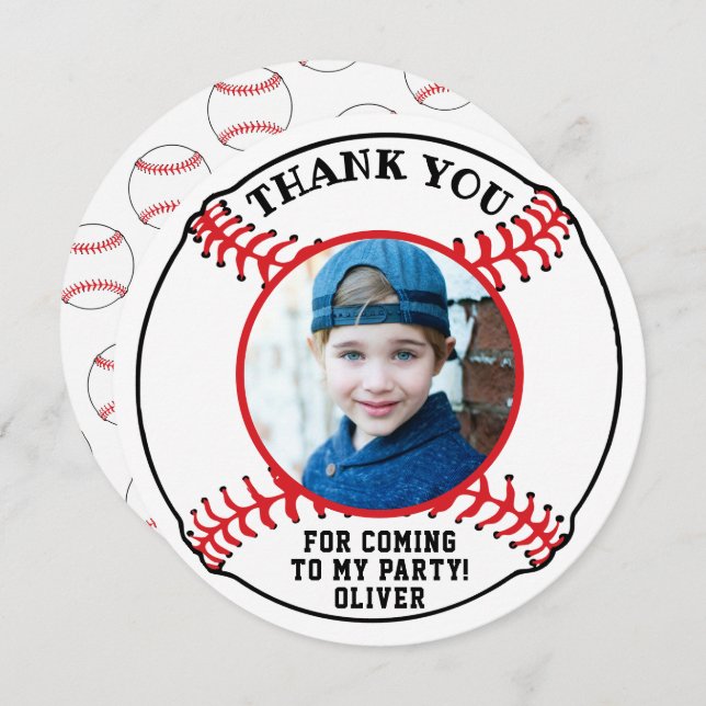 Baseball Ball Kids Photo Birthday  Thank You Card (Front/Back)