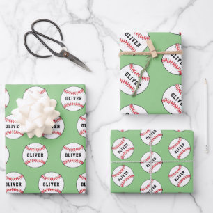 Baseball Ball Pattern Kids Name Birthday  Wrapping Paper Sheet
