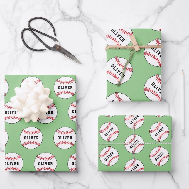 Baseball Ball Pattern Kids Name Birthday  Wrapping Paper Sheet (Front)