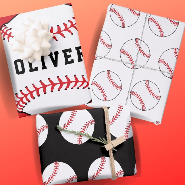 Baseball Ball Pattern Kids Name Birthday Wrapping Paper Sheet (Creator Uploaded)