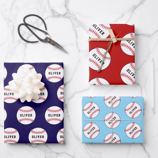 Baseball Ball Pattern Kids Name Birthday Wrapping  Paper Sheet (Front)