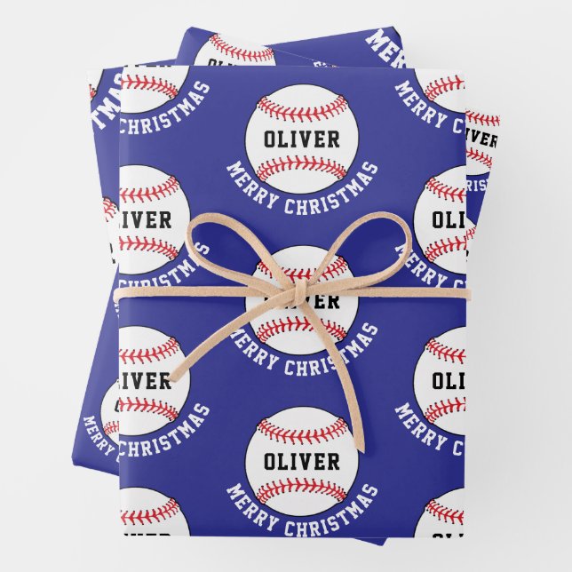 Baseball Ball Pattern Kids Name Merry Christmas Wrapping Paper Sheet (In situ)