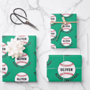 Baseball Ball Pattern Kids Name Merry Christmas Wrapping Paper Sheet