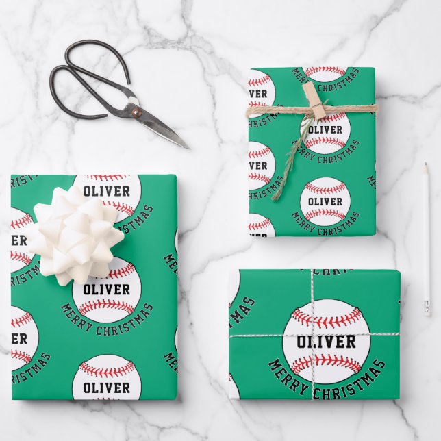 Baseball Ball Pattern Kids Name Merry Christmas Wrapping Paper Sheet (Front)