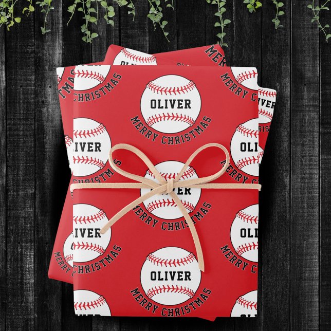 Baseball Ball Pattern Kids Name Merry Christmas Wrapping Paper Sheet (Creator Uploaded)