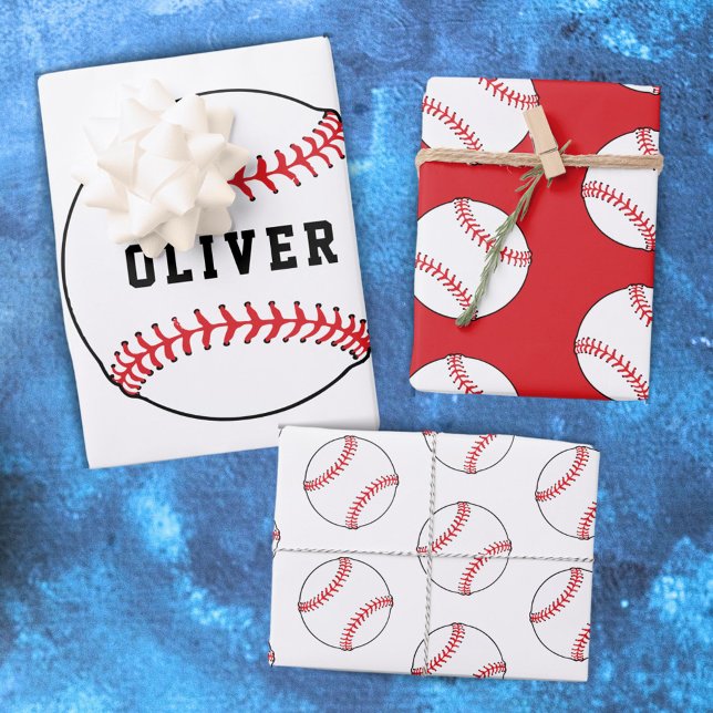 Baseball Ball Pattern Player Kids Name Birthday Wrapping Paper Sheet (Creator Uploaded)