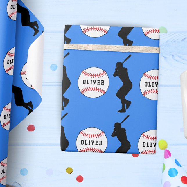 Baseball Ball Player Kids Name Birthday Blue Wrapping Paper (Creator Uploaded)
