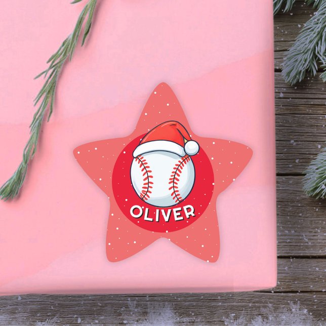 Baseball Ball Red Santa Hat Christmas Kid`s Name  Star Sticker (Creator Uploaded)