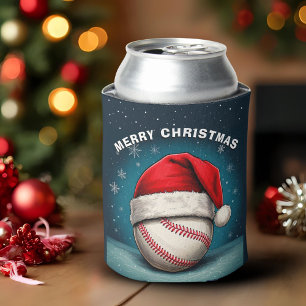 Baseball Ball Red Santa Hat Name Christmas Can Cooler