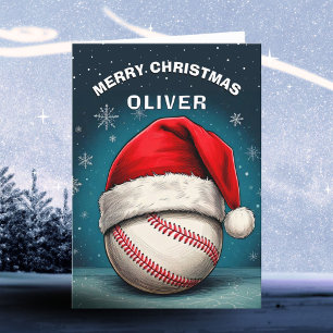 Baseball Ball Red Santa Hat Name Christmas Holiday Card