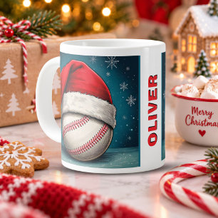Baseball Ball Red Santa Hat Name Christmas Large Coffee Mug
