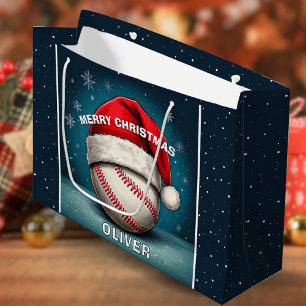 Baseball Ball Red Santa Hat Name Christmas  Large Gift Bag
