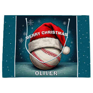 Baseball Ball Red Santa Hat Name Christmas Large Gift Bag