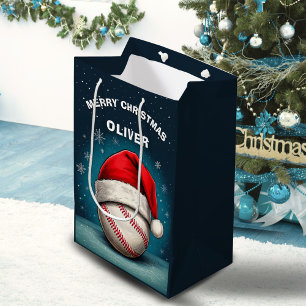 Baseball Ball Red Santa Hat Name Christmas  Medium Gift Bag