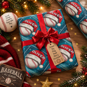 Baseball Ball Red Santa Hat Name Christmas Wrapping Paper