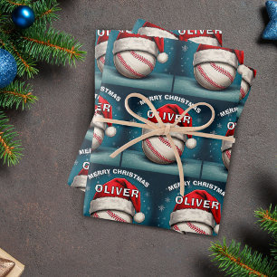 Baseball Ball Red Santa Hat Name Christmas  Wrapping Paper Sheet