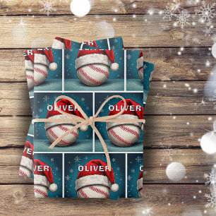Baseball Ball Red Santa Hat Name Christmas Wrapping Paper Sheet