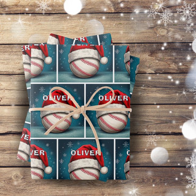 Baseball Ball Red Santa Hat Name Christmas Wrapping Paper Sheet (Creator Uploaded)