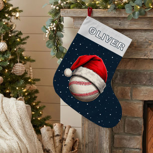 Baseball Ball Red Santa Hat Name Large Christmas Stocking