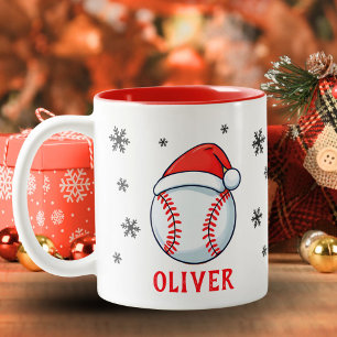 Baseball Ball Red Santa Hat Snowflake Name  Two-Tone Coffee Mug