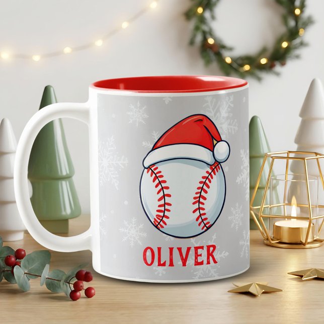 Baseball Ball Red Santa Hat Snowflake Name  Two-Tone Coffee Mug (Creator Uploaded)