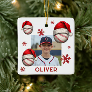 Baseball Ball Santa Hat Name Photo Christmas Ceramic Ornament