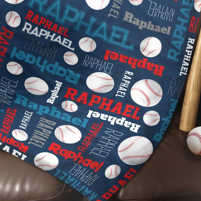 Baseball ball sports blue red white custom name fleece blanket (Creator Uploaded)