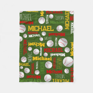 Baseball ball sports green red white custom name fleece blanket