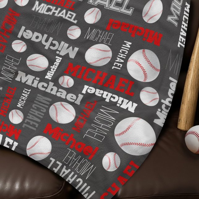 Baseball ball sports grey red white custom name fleece blanket (Creator Uploaded)