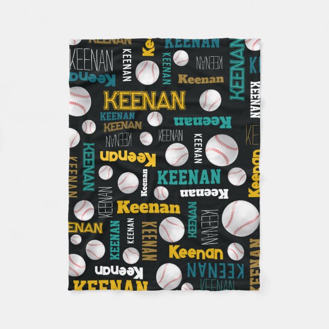 Baseball ball sports teal white gold Keenan Fleece Blanket (Front)