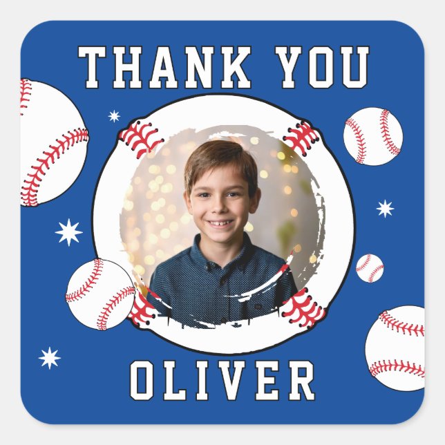 Baseball Ball Themed Birthday Photo Thank you Square Sticker (Front)