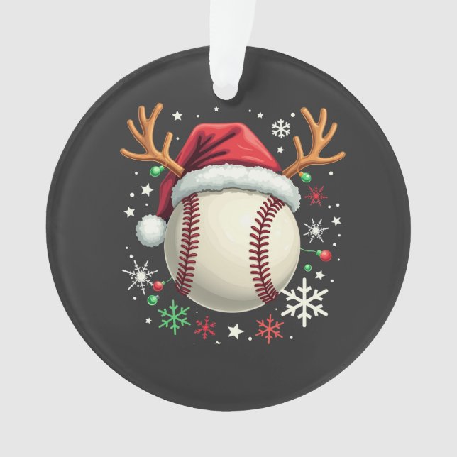 Baseball Ball with Reindeer Horns and Christmas  Ornament (Front)
