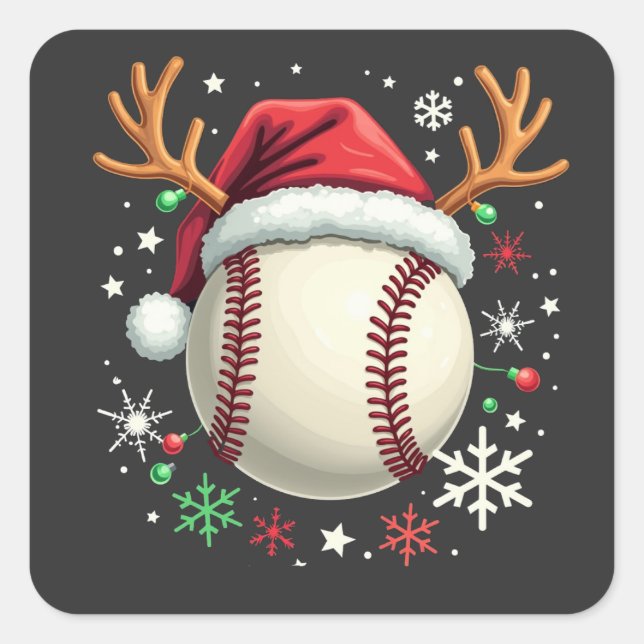 Baseball Ball with Reindeer Horns and Christmas  Square Sticker (Front)