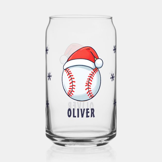Baseball Ball with Santa Hat Sports Christmas Can Glass (Front)