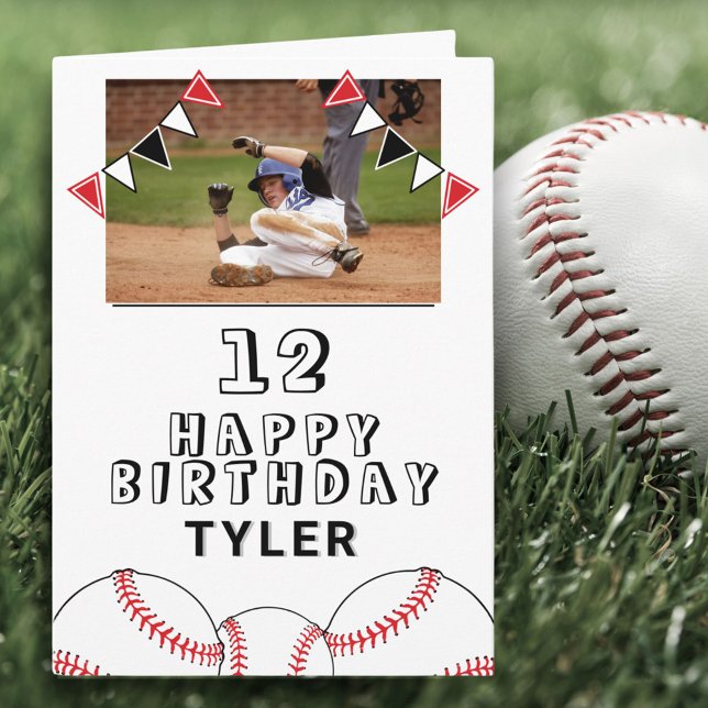 Baseball Balls Flags Kids Photo Birthday Card (Creator Uploaded)