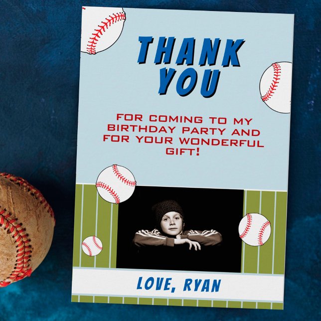 Baseball Balls Sports Kid's Photo Birthday Thank  Thank You Card (Creator Uploaded)