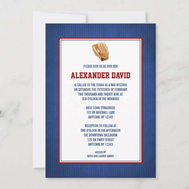 Baseball Bar Mitzvah Red Blue Invitations (Front)