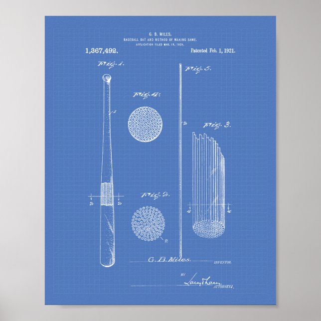 Baseball Bat 1921 Patent Art - Blueprint Poster (Front)