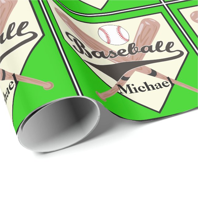 Baseball Bat And Ball Personalised Green Gift Wrapping Paper (Roll Corner)