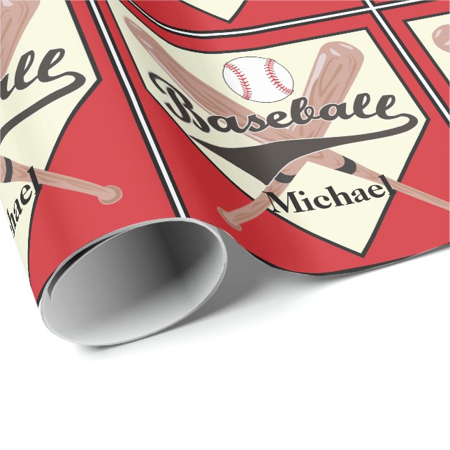 Baseball Bat And Ball Personalised Red Gift Wrapping Paper (Roll Corner)