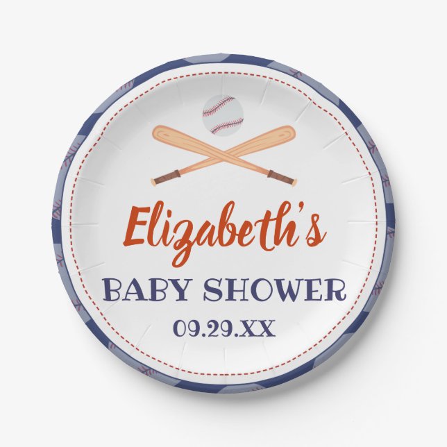 Baseball Bat Ball Stamp Its A Baby Boy Baby Shower Paper Plate (Front)