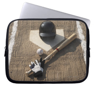 Baseball, bat, batting gloves and baseball laptop sleeve