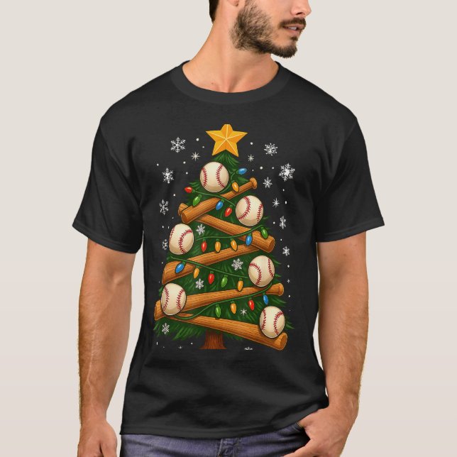 Baseball Bat Christmas Tree Lights Holiday Design  T-Shirt (Front)