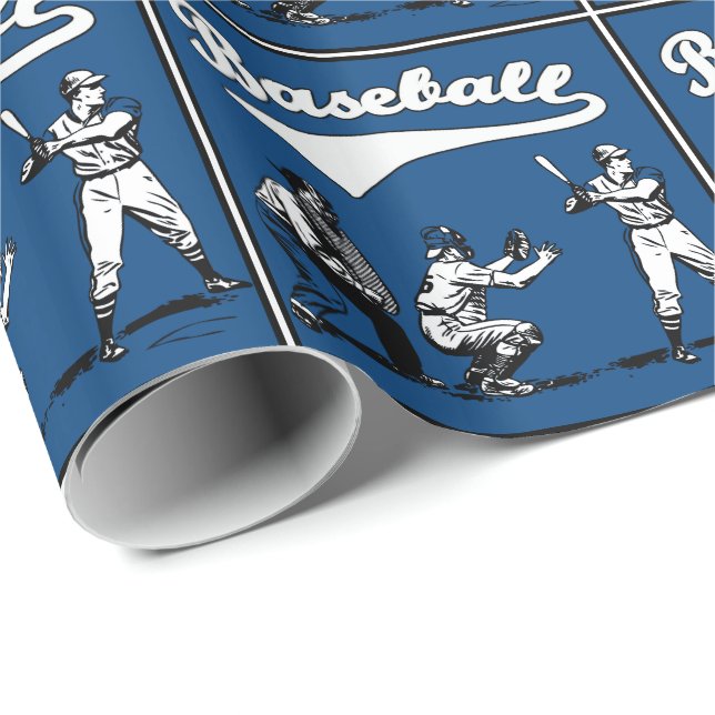 Baseball Batter Catcher Umpire Blue Gift Wrapping Paper (Roll Corner)