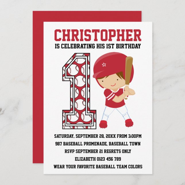 Baseball Batter Red White 1st Birthday Party Invitation (Front/Back)