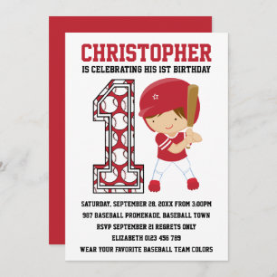 Baseball Batter Red White 1st Birthday Party Invitation