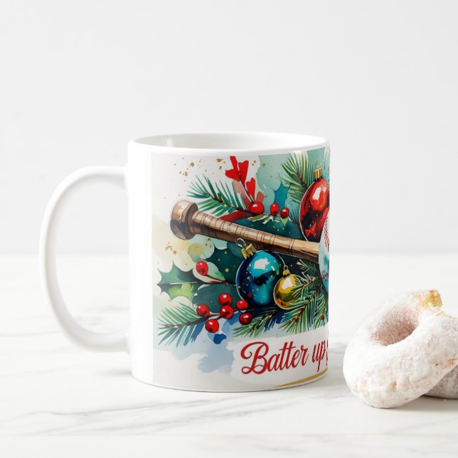Baseball Batter Up for Christmas Coffee Mug (With Donut)
