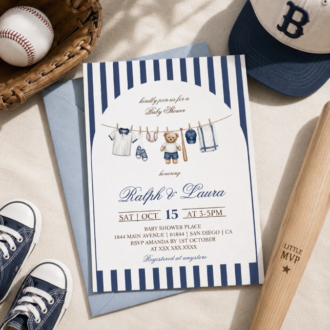 Baseball Bear Clothesline Baby Shower Invitation (Creator Uploaded)