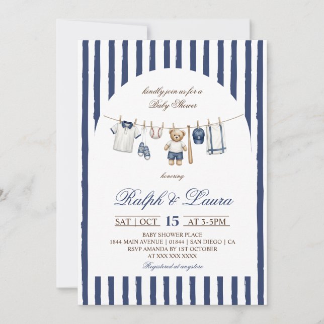 Baseball Bear Clothesline Baby Shower Invitation (Front)